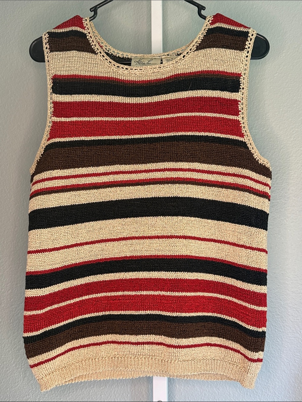 Striped Knit Sleeveless Sweater - Cream, Red, Brown & Black